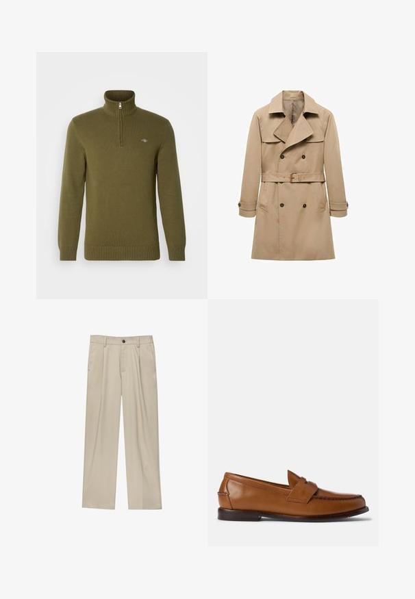 Beige trenchcoat van katoen met een dubbelzijdig ontwerp, brede revers, een ceintuur in de taille en knoopmanchetten. Beschikt over twee zijzakken.; GANT CASUAL HALF ZIP - Trui - juniper green; Beige broek met een rechte snit, voorzien van een enkele zwarte knoop, riemlussen en zijzakken. Glad stoffen textuur en een minimalistisch ontwerp.; Bruine leren instappers met een platte zool, ronde neus en decoratieve stiksels. Beschikt over een gestikt detail aan de bovenkant en een gladde afwerking.