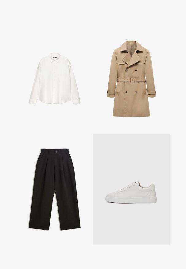 Beige trenchcoat lavet af bomuld med dobbeltbrystet design, brede revers, belted talje og knaplukning ved håndleddene. Har to sidelommer.; Hvid skjorte med knapper lavet af glat stof, med spids krave, lange ærmer og en afslappet, boxy silhuet.; Sorte bukser med en afslappet pasform, der har plisseringer foran, sidelommer og knaplukning. Fremstillet af tekstureret stof.; Hvide læder sneakers med lav skæft, rund tå, flad hvid gummisål og minimalistisk sømdetalje. Snørebånd sikret gennem seks snørrehuller.