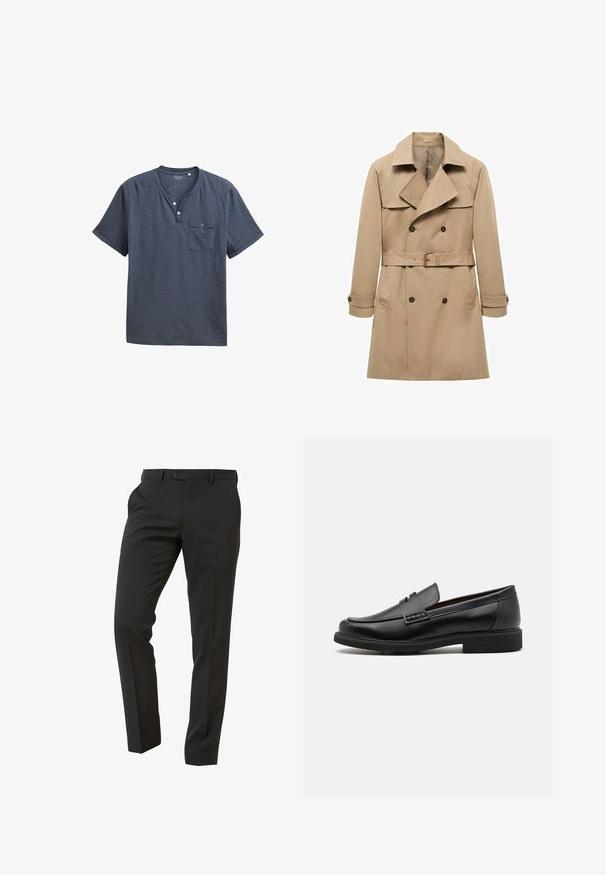 Beige trench coat vyrobený z bavlny s dvouvrstvým designem, širokými klopami, bederním páskem a knoflíkovými manžetami. Má dvě boční kapsy.; Tmavě modré kratké rukávy henley tričko vyrobené z lehké tkaniny, s tříknoflíkovou légou a náprsní kapsou se pruhovanou strukturou.; Next Trousers - Suit Trousers Slim Fit - Oblekové kalhoty - mottled black; Černé syntetické mokasíny s výrazně prošívanou špicí, měkkou stélkou a plochou gumovou podrážkou; elegantní design s minimálním zdobením.