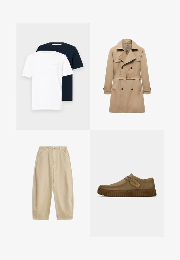 Beżowy trencz wykonany z bawełny, z podwójnym zapięciem, szerokimi klapami, paskiem w talii i mankietami zapinanymi na guziki. Posiada dwie boczne kieszenie.; Dwa t-shirty z okrągłym dekoltem: jeden biały z jasnym nadrukiem, drugi granatowy z graficznym wzorem. Oba są z krótkim rękawem i wykonane z miękkiego materiału.; Beżowe spodnie z szerokimi nogawkami wykonane z bawełny, z wysokim stanem, posiadające kieszenie z przodu oraz zapięcie na guzik z przodu. Gładka tekstura z czystymi szwami.; Jasnobrązowe zamszowe buty z okrągłym noskiem, z przeszyciami i brązową gumową podeszwą o żebrowanej fakturze. Posiadają boczną metkę z logo "Clarks".