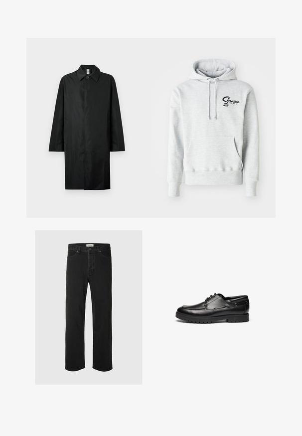 Black long coat with a classic collar, single visible button at the neck, side pockets, and concealed front closure.; Gray hoodie made of soft fabric, featuring a front pocket, drawstring hood, and a black "Service Works" logo on the left chest area.; Black denim straight-leg jeans feature a classic five-pocket design with button closure, minimal stitching, and a soft texture.; Black leather lace-up shoes with a rounded toe, decorative stitching, and a durable rubber sole featuring deep treads for traction.