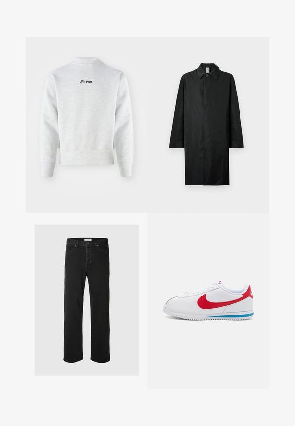 Casaco longo preto com colarinho clássico, um botão visível no pescoço, bolsos laterais e fecho frontal oculto.; Sweatshirt cinza em fleece com gola alta, punhos e bainha canelados. "Service" está bordado a preto na parte superior das costas. Textura lisa.; As calças jeans de ganga preta de perna reta apresentam um design clássico de cinco bolsos, com fecho de botão, costura mínima e uma textura suave.; Sapatilha branca com detalhes em vermelho, apresentando um cabedal de couro suave, bico redondo e sola azul. Design com atacadores e detalhes de costura visíveis.