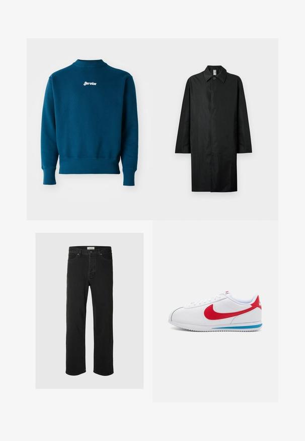Czarny długi płaszcz z klasycznym kołnierzem, pojedynczym widocznym guzikiem przy szyi, kieszeniami bocznymi oraz zamknięciem z przodu niewidocznym.; Turkusowy sweter z dzianinowymi mankietami i dołem, z białym haftowanym logo "Service" na górnej części pleców. Miękka tekstura i fason z okrągłym dekoltem.; Czarne dżinsy straight-leg cechują się klasycznym pięciopocketowym wzorem, z zapięciem na guzik, minimalnym przeszyciem oraz miękką teksturą.; Białe sneakersy z czerwonymi akcentami, z gładką skórzaną cholewką, okrągłym noskiem i niebieską podeszwą. Zapięcie na sznurowadła z widocznymi detalami szwalnymi.