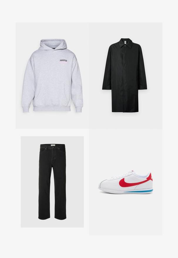 Melna gara mēteli ar klasisku apkakli, vienu redzamu pogu pie kakla, sānu kabatām un slēptu priekšējo aizdari.; Pelēks džemperis ar kapuci, kas piedāvā kenguru kabatu un uzrakstu "JUVENTUS" melnā un rozā krāsā kreisajā priekšpusē. Mīksta auduma tekstūra.; Melna denima taisna piegriezuma bikses ar klasisku piecu kabatu dizainu, poga aizdari, minimāls šuvju skaits un mīksta tekstūra.; Baltas sporta apavi ar sarkanām akcentiem, ar gludu ādas augšējo daļu, apaļu purngalu un zilu zoli. Saistāms dizains ar redzamām vīlēm.