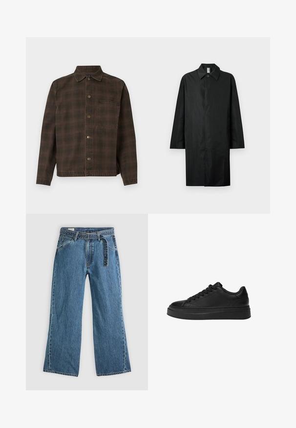 Schwarzer langer Mantel mit klassischem Kragen, einem sichtbaren Knopf am Hals, Seitentaschen und verdecktem Frontverschluss.; Braunes Karo-Jackett mit Knopfverschluss, Kragen und einer Brusttasche. Hergestellt aus strukturiertem Stoff mit metallischen Knöpfen.; Weißes Baumwoll-T-Shirt mit einem schwarzen rechteckigen Logo, auf dem das Wort "oasis" zentriert ist. Kurze Ärmel und ein klassischer Rundhalsausschnitt.; Blaue Denim-Jeans mit weitem Bein, angebautem Gürtel, vorderen Taschen und sichtbaren Nähten auf einem schlichten hellen Hintergrund.; Schwarzer Sneaker aus glattem Leder, mit runder Zehenpartie, dicker Plattformsohle und traditionellem Schnürdesign mit sechs Ösen.