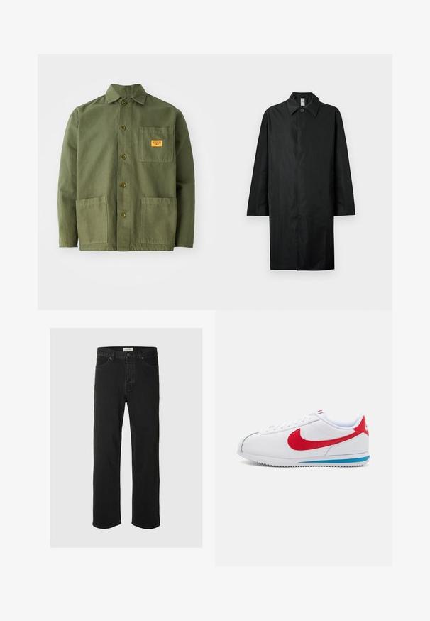 Czarny długi płaszcz z klasycznym kołnierzem, pojedynczym widocznym guzikiem przy szyi, kieszeniami bocznymi oraz zamknięciem z przodu niewidocznym.; Oliwkowa kurtka wykonana z ciężkiej bawełny, z ząbkowanym kołnierzem, z przodu zapinana na guziki oraz z dwiema dużymi kieszeniami naszywanymi. Zawiera małą naszywkę z logo.; Czarne dżinsy straight-leg cechują się klasycznym pięciopocketowym wzorem, z zapięciem na guzik, minimalnym przeszyciem oraz miękką teksturą.; Białe sneakersy z czerwonymi akcentami, z gładką skórzaną cholewką, okrągłym noskiem i niebieską podeszwą. Zapięcie na sznurowadła z widocznymi detalami szwalnymi.