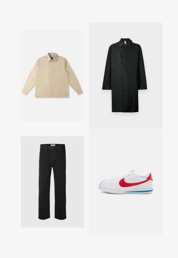 Černý dlouhý kabát s klasickým límcem, jedním viditelným knoflíkem u krku, bočními kapsami a skrytým zapínáním vpředu.; Béžová košile s dlouhým rukávem z bavlněné tkaniny, vybavená klasickým límečkem, předními knoflíky, jednou náprsní kapsou a logem značky na kapse.; Černé džíny rovného střihu mají klasický design se pěti kapsami, zapínání na knoflík, minimální švy a jemnou texturu.; Bílé tenisky s červenými akcenty, vyrobené z hladké kůže, s kulatou špičkou a modrou podrážkou. Šněrovací design s viditelnými švy.
