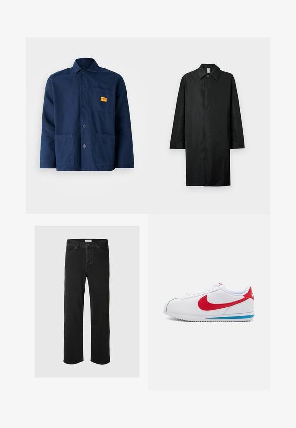 Svart lang frakk med klassisk krage, enkelt synlig knapp ved halsen, sidelommer og skjult frontlukking.; Marineblå bomullsjakke med spiss krage, frontknapper, to store lommer og en liten gul etikett på brystet.; Svarte denimjeans med rett ben har et klassisk fem-lommers design, knappestengning, minimal søm og en myk tekstur.; Hvite joggesko med røde detaljer, med en glatt lær-overdel, rund tå og blå såle. Snøring med synlige sømmer.