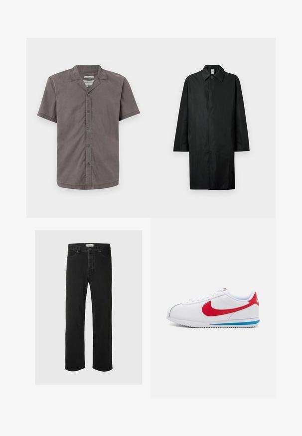 Casaco longo preto com colarinho clássico, um botão visível no pescoço, bolsos laterais e fecho frontal oculto.; Camisa de botão de mangas curtas em cinza escuro, feita de tecido suave. Apresenta um colarinho tipo camp e cinco botões frontais. Textura suave e corte descontraído.; As calças jeans de ganga preta de perna reta apresentam um design clássico de cinco bolsos, com fecho de botão, costura mínima e uma textura suave.; Sapatilha branca com detalhes em vermelho, apresentando um cabedal de couro suave, bico redondo e sola azul. Design com atacadores e detalhes de costura visíveis.