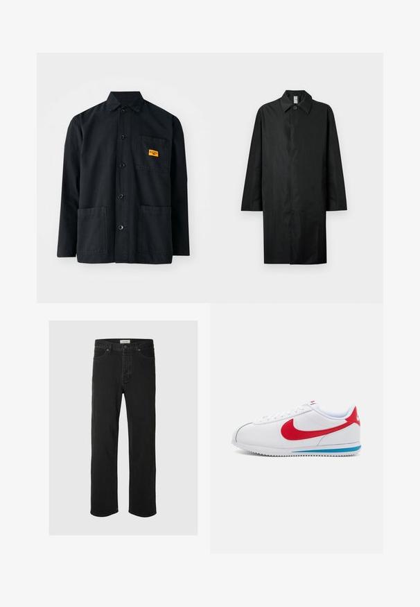 Zwarte lange jas met een klassieke kraag, één zichtbare knop bij de hals, zijzakken en een verborgen sluiting aan de voorkant.; Zwarte katoenen werkjas met een knoopsluiting aan de voorkant, twee voorzakken en een klein geel label op de borstzak. Eenvoudig, functioneel ontwerp.; Zwarte denim rechte jeans hebben een klassiek vijf-pocket ontwerp met knoopsluiting, minimale stiksels en een zachte textuur.; Witte sneaker met rode accenten, met een gladleren bovenwerk, ronde neus en een blauwe zool. Vetersluiting met zichtbare stikseldetails.
