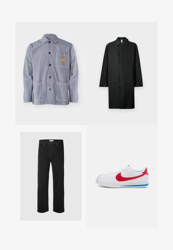 Čierny dlhý kabát s klasickým golierom, jedným viditeľným gombíkom na krku, bočnými vreckami a skrytým predným zapínaním.; Pruhovaná pracovná bunda v námořnícko-modrej a bielej farbe, s klopovým zapínaním, golierom, náprsním vreckom so žltou nálepkou a dvoma prednými vreckami.; Čierne džínsové nohavice so rovnými nohavicami majú klasický dizajn s piatimi vreckami, zapínaním na gombík, minimálnym prešívaním a jemnou textúrou.; Biele tenisky s červenými akcentmi, s hladkým koženým zvrškom, okrúlou špičkou a modrou podrážkou. Šnurovací dizajn s viditeľnými švovými detailmi.