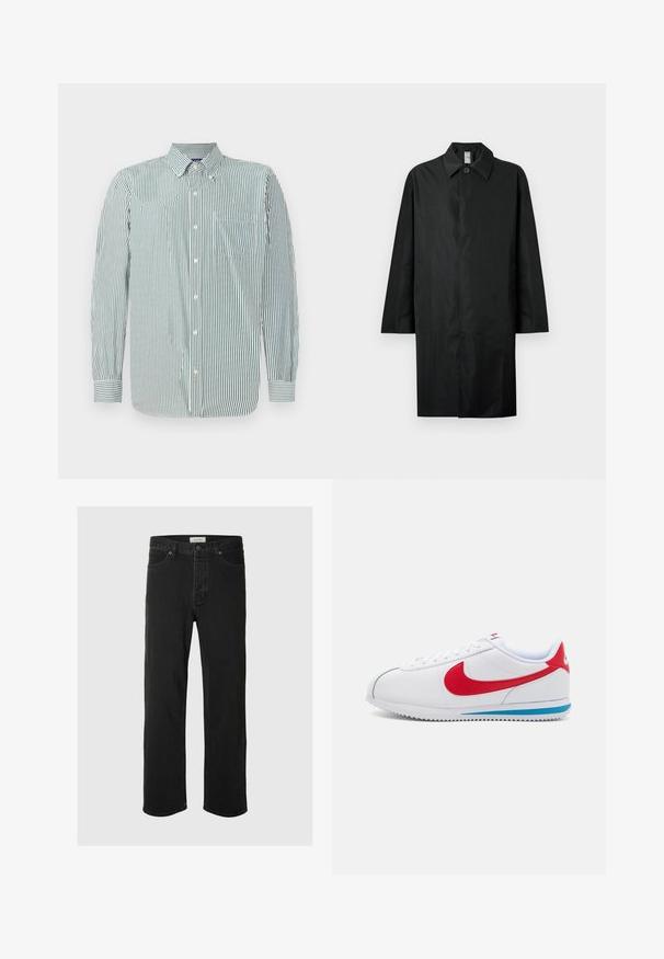 Manteau noir long avec un col classique, un bouton visible unique au niveau du cou, des poches latérales et une fermeture frontale dissimulée.; Chemise à boutons rayée en tissu vert clair et blanc, avec un col, des manches longues et une poche poitrine unique. Motif de rayures verticales.; Des jeans en denim noir à coupe droite disposent d'un design classique à cinq poches avec fermeture à bouton, de coutures minimales et d'une texture douce.; Baskets blanches avec des accents rouges, dotées d'une tige en cuir lisse, d'un bout rond et d'une semelle bleue. Design à lacets avec des détails de couture visibles.
