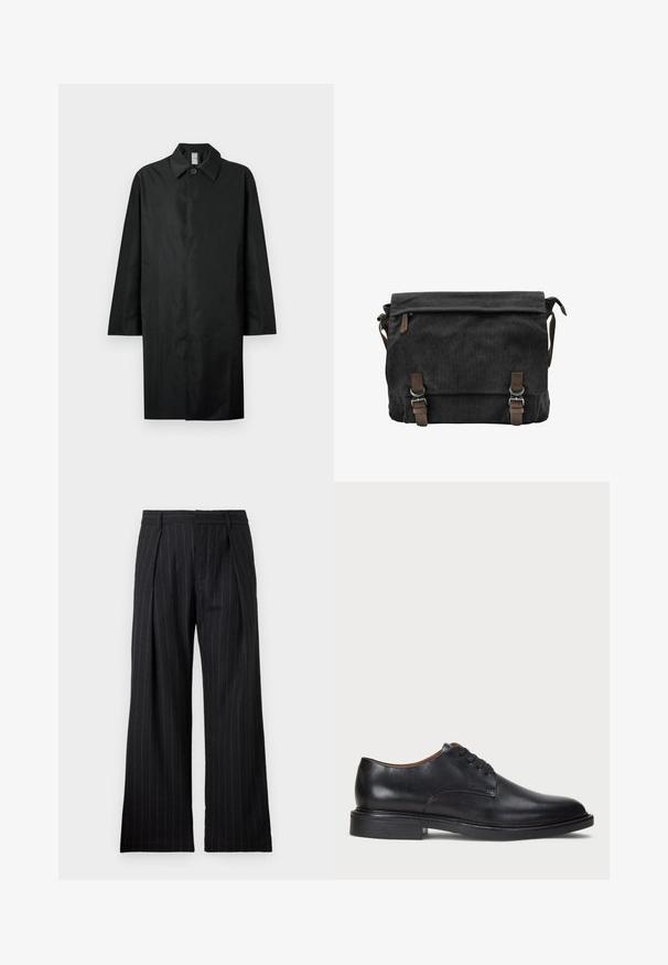 Black long coat with a classic collar, single visible button at the neck, side pockets, and concealed front closure.; Black cotton t-shirt with a crew neck and short sleeves. Features a subtle front logo and a straight hemline. Simple and minimalistic design.; Black pinstriped trousers with a wide-leg design, featuring front pleats and a smooth texture. No visible pockets or hardware details.; Black leather dress shoe with a round toe, lace-up design, and a low stacked heel. Smooth texture with minimal stitching details.; Black canvas messenger bag with a fold-over flap, brown leather accents, two metal buckles, and a side zipper pocket.