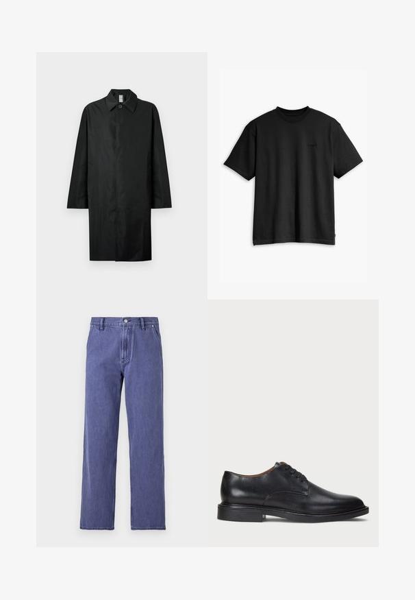 Czarny długi płaszcz z klasycznym kołnierzem, pojedynczym widocznym guzikiem przy szyi, kieszeniami bocznymi oraz zamknięciem z przodu niewidocznym.; Czarna bawełniana koszulka z okrągłym dekoltem i krótkimi rękawami. Posiada subtelne logo z przodu oraz prostą linię hemu. Prosty i minimalistyczny design.; Niebieskie dżinsy o prostym kroju, wysokim stanie, z zamkiem błyskawicznym z przodu i pięcioma kieszeniami. Materiał ma lekką fakturę. Brak wzorów.; Czarne skórzane buty wizytowe z okrągłym noskiem, sznurowanym zapięciem i niskim, warstwowym obcasem. Gładka faktura z minimalnymi detalami stębnowania.