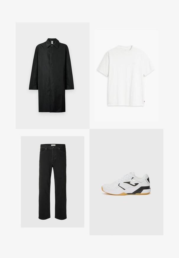 Melna gara mēteli ar klasisku apkakli, vienu redzamu pogu pie kakla, sānu kabatām un slēptu priekšējo aizdari.; Balts kokvilnas T-krekls ar īsām piedurknēm un apaļu kakla izgriezumu, priekšpusē redzama smalka gaišas krāsas "Levi's" logo.; Melna denima taisna piegriezuma bikses ar klasisku piecu kabatu dizainu, poga aizdari, minimāls šuvju skaits un mīksta tekstūra.; Baltas sporta apavi ar melniem akcentiem, teksturēts sieta augšdaļa, perforācijas gaisa caurlaidībai, bieza gumijas zole un saistoša dizaina.