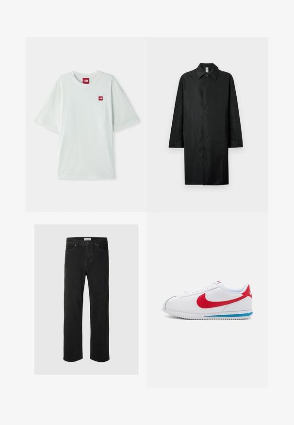 Svart lang frakk med klassisk krage, enkelt synlig knapp ved halsen, sidelommer og skjult frontlukking.; Lys grønn kortermet t-skjorte laget av myk bomull, med et lite rødt logomerke på venstre brystområde. Avslappet passform og rund hals.; Svarte denimjeans med rett ben har et klassisk fem-lommers design, knappestengning, minimal søm og en myk tekstur.; Hvite joggesko med røde detaljer, med en glatt lær-overdel, rund tå og blå såle. Snøring med synlige sømmer.