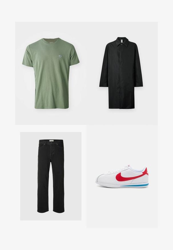 Black long coat with a classic collar, single visible button at the neck, side pockets, and concealed front closure.; Lee PATCH LOGO TEE - Basic T-shirt - olive stone; Black denim straight-leg jeans feature a classic five-pocket design with button closure, minimal stitching, and a soft texture.; White sneaker with red accents, featuring a smooth leather upper, round toe, and a blue sole. Lace-up design with visible stitching details.