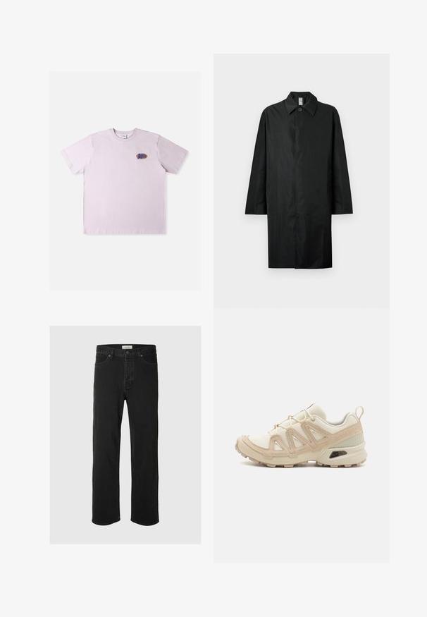 Črn dolg plašč s klasičnim ovratnikom, enojnim vidnim gumbom pri vratu, stranskima žepoma in skritim sprednjim zapiranjem.; Roza bombažna majica s kratkimi rokavi, na levi strani prsnega koša z majhnim večbarvnim logotipom. Preprost, sproščen dizajn.; Črne usnjene naravne hlače imajo klasičen pet-žepni dizajn z gumbom za zapiranje, minimalnim šivanjem in mehkim občutkom.; Bež in krem športni čevlji z teksturiranim mrežastim zgornjim delom, podpornimi prekrivali in gumijastim podplatom z vzorcem za oprijem.