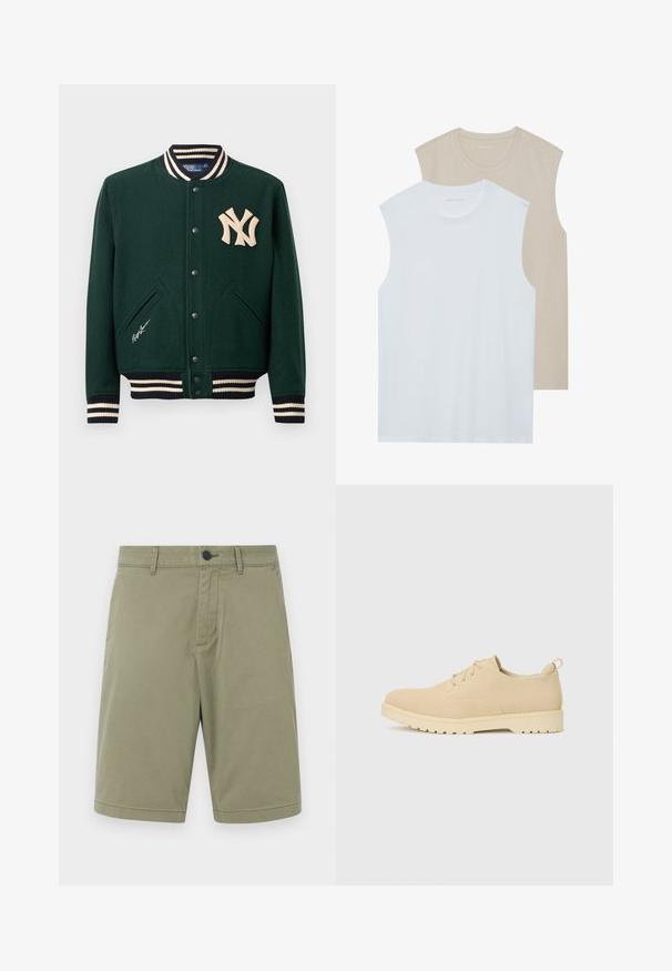 Giacca varsity verde scuro con polsini e colletto a righe, bottoni a scatto, logo dei New York Yankees sul petto e firma Ralph Lauren vicino alla tasca.; Due magliette senza maniche: una bianca e una beige chiaro. Entrambe hanno un collo rotondo e sono realizzate in tessuto morbido e liscio con una vestibilità casual.; Pantaloni corti khaki in cotone, con passanti per la cintura, bottone frontale e design frontale piatto con finitura pulita e senza tasche.; Scarpe in suede beige con lacci, punta arrotondata, superficie testurizzata e suola in gomma bianca spessa con un motivo di battistrada.