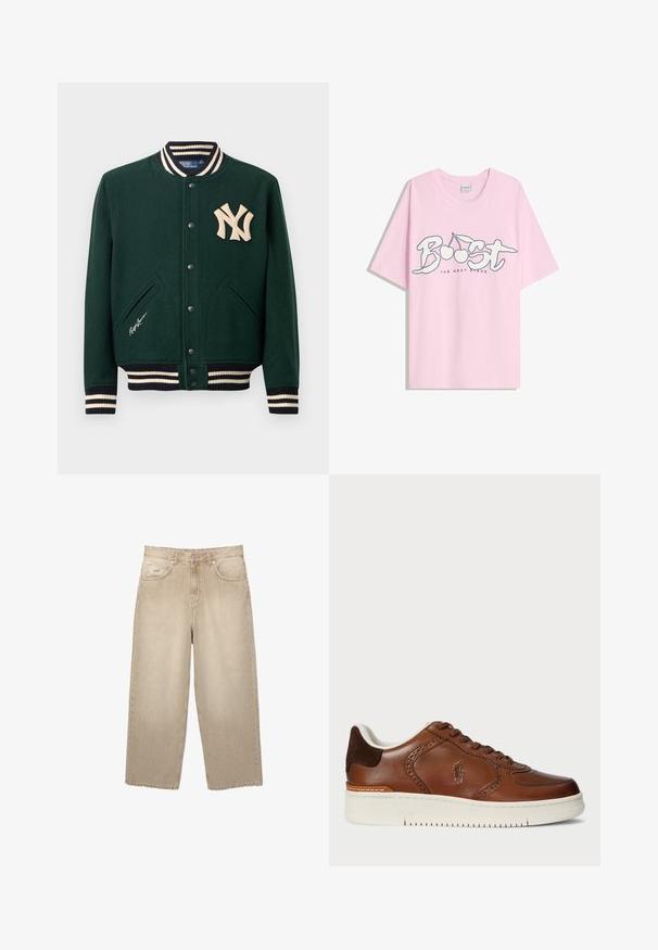 Tmavě zelená varsity bunda s pruhovanými manžetami a límcem, patkovými knoflíky, logem New York Yankees na hrudi a podpisem Ralph Lauren poblíž kapsy.; Světlé růžové tričko s krátkým rukávem s textem "Boost", grafikou dvou třešní a s nápisem "The Next Stage" v menším písmu pod designem.; Béžové džíny s širokými nohavicemi a vysokým pasem, se třepeným lemem, dvěma předními kapsami a jemnými stehy.; Kožené tenisky s hnědým svrškem, perforovanými detaily a kontrastní tmavě hnědou patou. Bílé gumové podrážky a klasické šněrování.