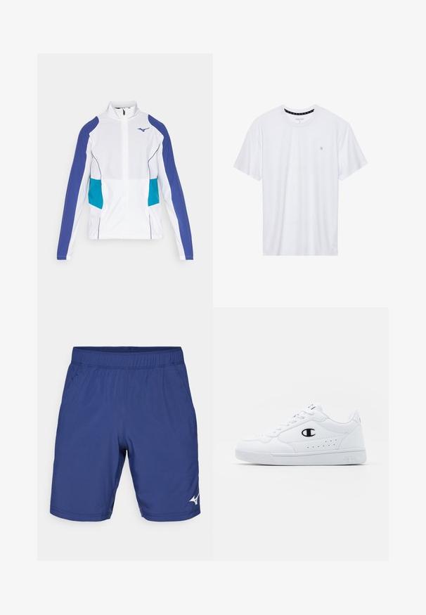 Jachetă albă cu un fermoar în față, având accente în nuanțe de violet și teal, cu un guler înalt și mansete elastice. Material neted cu un design sportiv.; Tricou alb cu guler rotund, realizat din bumbac, cu mâneci scurte și un mic logo brodat în zona stângă a pieptului. Textură moale.; Șorturi atletice de culoare bleumarin, cu un elastic în talie, două buzunare laterale și un detaliu cu logo alb. Fabricate dintr-un material sintetic ușor.; Adidași albi pentru sport, cu o parte superioară din material sintetic neted, accent cu logo negru și detalii perforate pe lateral. Talpă din cauciuc.