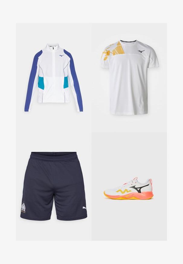 Weiße Kapuzenjacke mit lila und türkisfarbenen Akzenten, hohem Kragen und elastischen Bündchen. Glattes Material mit sportlichem Design.; Weißes Sport-T-Shirt mit einem geometrischen gelben Design auf einer Schulter, glatte Textur, runder Ausschnitt und Logo in Dunkelgrau.; Marinefarbene Sportshorts aus leichtem, atmungsaktivem Material. Mit einem Mesh-Bund, Logoprints und kontrastierenden Akzenten.; Weißer Sportschuh mit einem gelben Zickzackmuster, schwarzem Logo und pinken Sohlelementen. Verfügt über ein Obermaterial aus Mesh und eine Schnürdesign.