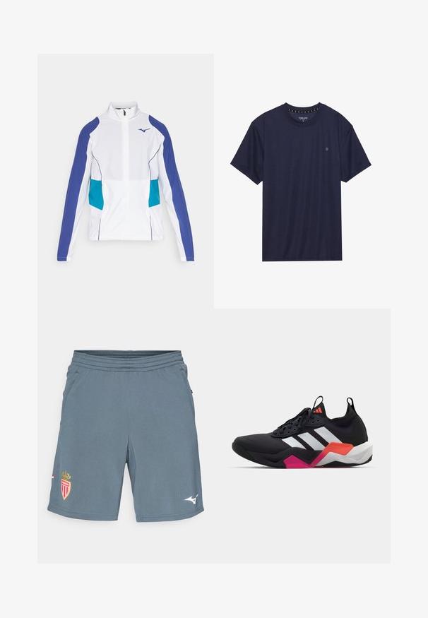 Jachetă albă cu un fermoar în față, având accente în nuanțe de violet și teal, cu un guler înalt și mansete elastice. Material neted cu un design sportiv.; Tricou bleumarin cu mânecă scurtă, fabricat dintr-un material moale, cu guler rotund și un mic logo pe partea stângă a pieptului.; Shorts atletici gri, fabricate dintr-un material ușor. Dispune de un brau elastic, buzunare laterale și un logo al echipei roșu și auriu pe piciorul stâng.; Pantofii atletici negri cu dungi albe, parte superioară texturată și o talpă robustă cu accente portocalii, roz și albe. Design cu șireturi și bandă de prindere.