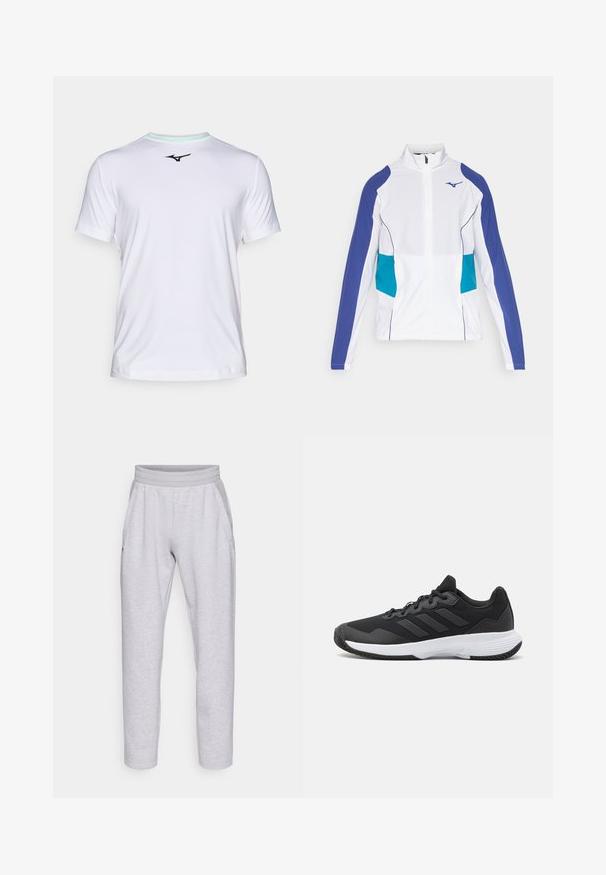 Hvid lynlåsjakke med lilla og teal detaljer, høj krave og elastiske man'skeder. Glat stof med et sporty design.; Hvid atletisk t-shirt lavet af letvægtsstof, med en rund halsudskæring med en mintgrøn accent og et lille sort logo på brystet.; Lys grå sweatpants lavet af blød stof, med en elastisk talje, to sidelommer og tætsiddende ben med en manchet i bunden.; Sort atletisk sko med en struktureret overdel, tre vandrette striber og en hvid sål med et mønstret slidbane. Letvægts- og strømlinet design.