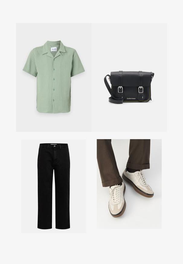 Čierna kožená bunda s špicatým golierom, predným zipsom a dvoma bočnými vreckami. Hladká textúra a minimalistický dizajn bez viditeľného loga.; Košeľa s krátkym rukávom v svetlozelenej farbe, vyrobená z textúrovaného materiálu. Má klasický golier, predné gombíky a voľný strih s zaobleným spodným okrajom.; Krémové bavlnené tričko s krátkymi rukávmi, s okrúhlym výstrihom doplneným námorníckymi a bielymi pruhmi. Hladká textúra, voľný strih.; Čierne džínsové nohavice so strihom rovného nohu, klasickým dizajnom s piatimi vreckami a gombíkovým zapínaním v páse. Hladká textúra a odolná tkanina.; Béžové tenisky s textúrovanou zamšovou prednou časťou, hladkými koženými bočnými stranami a hnusou gumovou podrážkou. Obsahujú šnúrky a svetlé stehy ako detail.; Čierna kožená crossbody taška s preklopom, dvoma striebornými prackami, žltým prešívaním a nastaviteľným popruhom. Vyznačuje sa hladkou textúrou a kompaktným dizajnom.