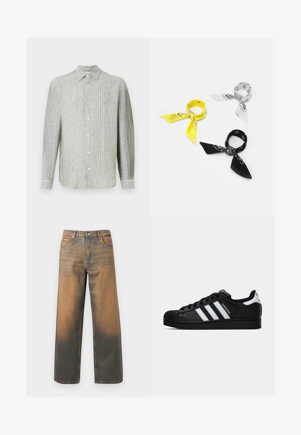Čierna kožená bunda s špicatým golierom, predným zipsom a dvoma bočnými vreckami. Hladká textúra a minimalistický dizajn bez viditeľného loga.; Svetlozelená prúžkovaná košeľa s dlhým rukávom vyrobená z ľanu. Obsahuje golier, zapínanie na gombíky a jemné vertikálne pruhy pre textúru.; Džínsy s širokými nohavicami v poškodenom modrom a hnedom denime. Majú vysoký pás, predné vrecká a klasické zapínanie na gombík s kovovými akcentmi.; Čierne tenisky Adidas Superstar s bielymi pruhmi, špičkou v tvare mušle a textom "Superstar" na boku, zobrazené v bočnom profilu na bielom pozadí.; Tri zástery: jedna žltá s čiernymi vzormi, jedna biela s čiernymi dizajnmi a jedna čierna s bielou grafikou. Všetky sú štvorcové, z ľahkej látky.; Čierna kožená crossbody taška s preklopom, dvoma striebornými prackami, žltým prešívaním a nastaviteľným popruhom. Vyznačuje sa hladkou textúrou a kompaktným dizajnom.