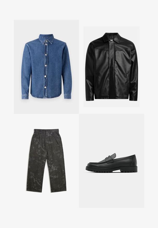 Črna usnjena bunda s koničastim ovratnikom, sprednjim zadrgo in dvema stranskima žepoma. Gladka tekstura in minimalističen dizajn brez vidnih blagovnih znamk.; Jeans srajca v srednje modri barvi z razširjenim ovratnikom, dolgimi rokavi in srebrnim gumbom za zapiranje spredaj. Ima gladko teksturo.; Temno sivi jeans hlače s sproščenim krojem, ki imajo subtilne marmorirane vzorce in kovinske dodatke. Oblikovanje s petimi žepi.; Črne usnjene loafers čevlje z zaobljenim nosom, ki imajo šivano zasnovo, nizko platformo in teksturiran, profiliran gumijast podplat.
