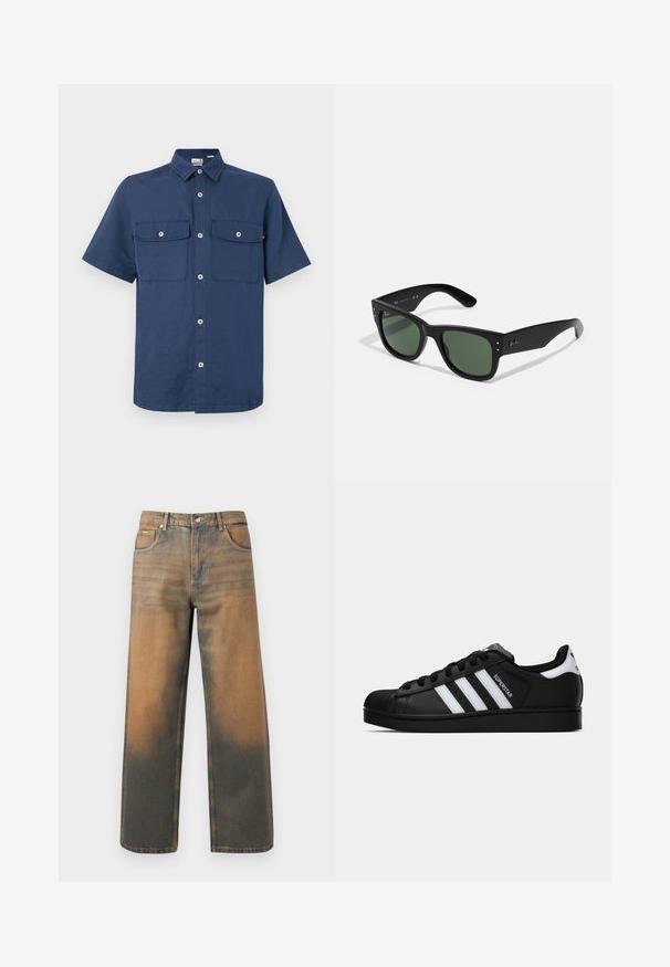 Giacca in pelle nera con colletto a punta, zip frontale e due tasche laterali. Texture liscia e design minimalista senza branding visibile.; Camicia a maniche corte blu navy realizzata in tessuto liscio. Presenta un colletto con bottoni, due tasche sul petto e chiusura frontale con bottoni e hardware visibile.; T-shirt nera a maniche corte in vestibilità larga, realizzata in cotone morbido, con scollatura rotonda e design minimalista.; Jeans a gamba larga in denim blu e marrone scuro con effetto usurato. Presentano un alto punto vita, tasche frontali e una chiusura con bottone classico arricchita da dettagli metallici.; Sneaker nera Adidas Superstar con strisce bianche, punta a conchiglia e testo "Superstar" su un lato, mostrata in profilo laterale su sfondo bianco.; Occhiali da sole neri rettangolari con lenti verdi, finitura opaca, dettagli hardware discreti e logo impresso sulla tempia.; Borsa a tracolla in pelle nera con patta, due fibbie argentate, cuciture gialle e tracolla regolabile. Presenta una texture liscia e un design compatto.