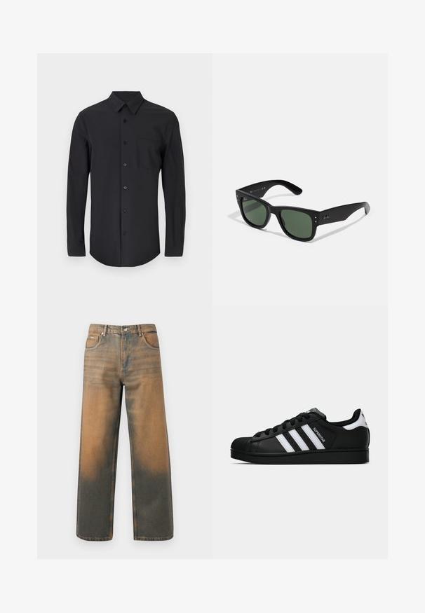 Musta nahkatakki, jossa on terävä kaulus, etuvetoketju ja kaksi sivutaskua. Hyvin sileä pinta ja minimalistinen muotoilu ilman näkyvää brändäystä.; Musta pitkähihainen paita sileästä kankaasta, klassisella kauluksella, napituksessa ja vasemmalla puolella rintatasku.; Valkoinen puuvillainen hihaton paita, jossa on pyöreä kaula-aukko, leveät olkaimet ja suora helma. Paidan tekstuuri on sileä, eikä siinä ole näkyviä kuvioita.; Levin leveät farkut kuluneessa sinisessä ja ruskeassa denimmissä. Ominaisuuksiin kuuluu korkea vyötärö, etupussit ja klassinen napitus metallikoristeilla.; Musta Adidas Superstar -lenkkari, jossa on valkoiset raidat, kuorisuoja ja "Superstar"-teksti sivussa, esitetty sivuprofiilissa valkoista taustaa vasten.; Mustat suorakulmaiset aurinkolasit vihreillä linsseillä, mattapinta, hienovaraiset metalliosat ja kohokuvioitu logo sankassa.; Kolme bandanaa: yksi keltainen mustilla kuvioilla, yksi valkoinen mustilla kuvioilla ja yksi musta valkoisilla graafisilla kuvilla. Kaikki ovat neliöitä, kevyttä kangasta.; Musta nahkainen crossbody-laukku, jossa on kansi, kaksi hopeista solkea, keltaista ylösketjua ja säädettävä hihna. Tunnusmerkkeinä ovat sileä pinta ja kompakti muotoilu.