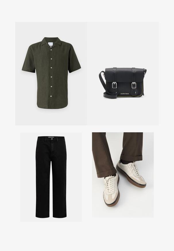 Musta nahkatakki, jossa on terävä kaulus, etuvetoketju ja kaksi sivutaskua. Hyvin sileä pinta ja minimalistinen muotoilu ilman näkyvää brändäystä.; T-paita lyhyillä hihoilla, tummanvihreä pellavapaita, jossa on kaulus, etupainonappikiinnitys ja suora helma. Rakennepintainen kangas, jossa on pieni kiilto.; Kermanvärinen puuvillapaita lyhyillä hihoilla, jossa on pyöreä pääntie, jota korostavat laivastonsininen ja valkoinen raita. Sileä rakenne, rento istuvuus.; Musta denimpanssarit suoran lahkeen leikkauksella, klassinen viiden taskun suunnittelu ja nappisuljenta vyötäröllä. Sileä tekstuuri ja kestävä kangas.; Beige tennarit, joissa on teksturoidut mokkasiinimaiset etuosat, sileät nahkasaumat ja ruskea kumipohja. Narut ja vaaleat ompelutiedot mukana.; Musta nahkainen crossbody-laukku, jossa on kansi, kaksi hopeista solkea, keltaista ylösketjua ja säädettävä hihna. Tunnusmerkkeinä ovat sileä pinta ja kompakti muotoilu.