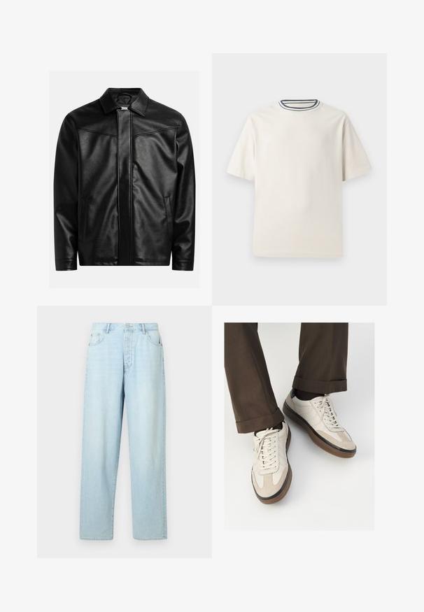 Čierna kožená bunda s špicatým golierom, predným zipsom a dvoma bočnými vreckami. Hladká textúra a minimalistický dizajn bez viditeľného loga.; Krémové bavlnené tričko s krátkymi rukávmi, s okrúhlym výstrihom doplneným námorníckymi a bielymi pruhmi. Hladká textúra, voľný strih.; Svetlo modré, vysoké džínsy s rovným strihom, vyrobené z denimu, s piatimi vreckami a predným zapínaním na gombík.; Béžové tenisky s textúrovanou zamšovou prednou časťou, hladkými koženými bočnými stranami a hnusou gumovou podrážkou. Obsahujú šnúrky a svetlé stehy ako detail.