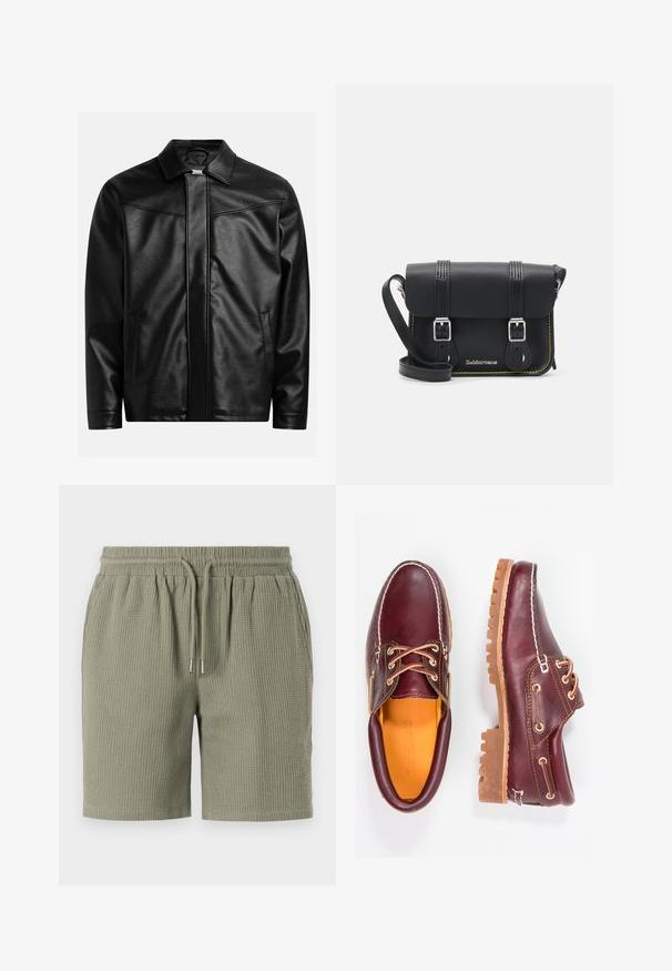 Musta nahkatakki, jossa on terävä kaulus, etuvetoketju ja kaksi sivutaskua. Hyvin sileä pinta ja minimalistinen muotoilu ilman näkyvää brändäystä.; Kermanvärinen puuvillapaita lyhyillä hihoilla, jossa on pyöreä pääntie, jota korostavat laivastonsininen ja valkoinen raita. Sileä rakenne, rento istuvuus.; Vihreät, vohveliraeetut shortsit, joissa on joustava vyötärö, nyöri ja rento istuvuus. Suorahelma lahkeissa.; Burgundin nahkakengät ruskeilla kumipohjilla, pyöreällä kärjellä, valkoisella ompelulla ja kultaisilla nauha-aukkoilla. Sisäpuolella on keltainen vuori.; Musta nahkainen crossbody-laukku, jossa on kansi, kaksi hopeista solkea, keltaista ylösketjua ja säädettävä hihna. Tunnusmerkkeinä ovat sileä pinta ja kompakti muotoilu.