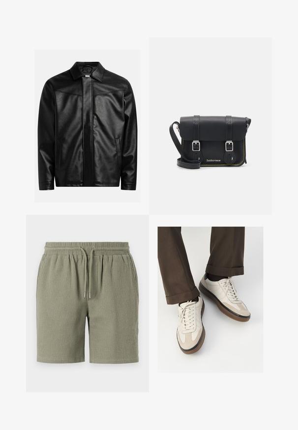Must musta jope, millel on terav krae, esi tõmblukk ja kaks küljetaskut. Sujuv tekstuur ja minimalistik disain, ilma nähtava brändita.; Kreemivärvi puuvillane T-särk lühikeste varrukatega, ümmarguse kaeluse ja mereteemalise sinise ja valge triibuga. Sile tekstuur, mugav lõike.; Vahveljakuga oliivrohelised lühikesed püksid elastse vöökoha, nööridega ja mugava lõikega. Sujuv äär jalgadel.; Bežid spordijalised, millel on tekstuuriga suede esiosa, siledast nahast küljed ja pruun kummitald. Lisatud on paelad ja heledad õmbluse detailid.; Must musta õlakott, millel on klapp, kaks hõbedast kinnitust, kollane niit ja reguleeritav rihm. Omab sujuvat tekstuuri ja kompaktset disaini.