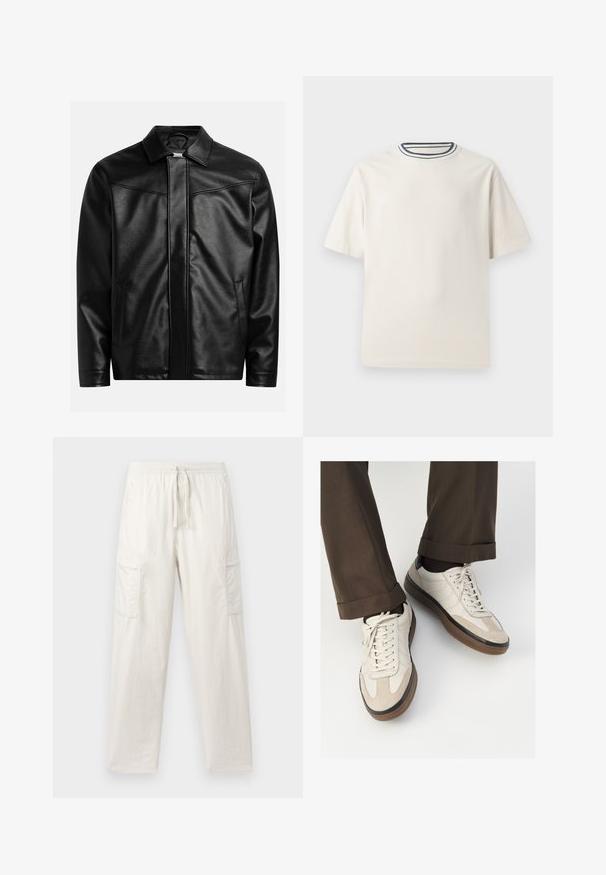 Must musta jope, millel on terav krae, esi tõmblukk ja kaks küljetaskut. Sujuv tekstuur ja minimalistik disain, ilma nähtava brändita.; Kreemivärvi puuvillane T-särk lühikeste varrukatega, ümmarguse kaeluse ja mereteemalise sinise ja valge triibuga. Sile tekstuur, mugav lõike.; Heledad beez värvi cargo püksid, mis on valmistatud puuvilla segust; neil on elastne vöökoht, string ja kaks külgtaskut utiliitide jaoks.; Bežid spordijalised, millel on tekstuuriga suede esiosa, siledast nahast küljed ja pruun kummitald. Lisatud on paelad ja heledad õmbluse detailid.
