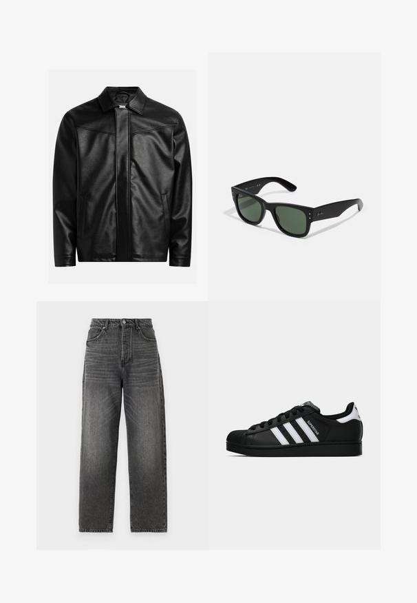 Juodas odinis švarkas su smailiu apykakle, priekyje su užtrauktuku ir dviem šoninėmis kišenėmis. Lygus paviršius ir minimalistinis dizainas be matomo prekės ženklo.; Juodas trumpomis rankovėmis marškinėlių dizainas, laisvas kirpimas, pagamintas iš lygios medvilnės, su apvaliu kaklu ir minimalistišku dizainu.; Aukštu liemeniu, plačiomis kojomis džinsai su išblukusio juodo džinsinio audinio. Turintys penkis kišenes, priekinį mygtuko uždarymą ir diržo kilpas, su subtiliomis serbentų juostelėmis.; Juodos „Adidas Superstar“ sportbačiai su baltais dryžiais, šonine kriaukle ir „Superstar“ tekstu šone, rodomi šoniniame profilyje ant balto fono.; Juodos stačiakampės saulės akinių rėmelių su žaliais lęšiais, matinio paviršiaus, subtiliais detalėmis ir iškilniu logotipu ant šventyklos.; Trys bandanos: vienas geltonas su juodais raštais, vienas baltas su juodais piešiniais ir vienas juodas su baltais grafikos elementais. Visi kvadratiniai, lengvos medžiagos.; Juodas odinis krepšys per petį su uždengimu, dviem sidabriniais sagtimis, geltonomis siūlėmis ir reguliuojamu dirželiu. Pasižymi lygiu paviršiumi ir kompaktišku dizainu.