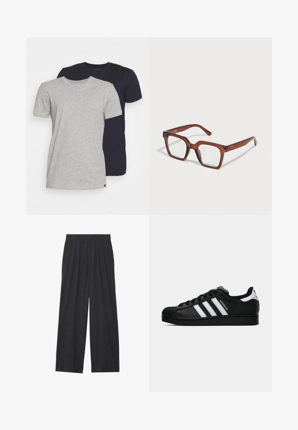 Fekete bőr dzseki hegyes gallérral, elülső cipzárral és két oldalsó zsebbel. Simasági textúrával és minimalista stílussal rendelkezik, látható márkajelzés nélkül.; Két kerek nyakú póló: az egyik melírozott szürke, a másik sötétkék. Mindkettő rövid ujjú, puha pamut anyagból készült, és normál szabású.; Sötétszürke anyagból készült, bő szárú nadrág. Ráncokkal a deréknál, elegáns fazonnal és egyenes sziluettel rendelkezik.; Fekete Adidas Superstar sportcipő fehér csíkokkal, kagyló orral és "Superstar" felirattal az oldalán, oldalról bemutatva, fehér háttér előtt.; Barna, túlméretes, téglalap alakú szemüveg, átlátszó lencsékkel, a jobb lencsén enyhe rózsaszín árnyalattal. Műanyag keret sima felülettel.; Fekete bőr keresztbody táska hajtóka, két ezüst csattal, sárga varrással és állítható pánttal. Simább textúrával és kompakt formatervezéssel rendelkezik.