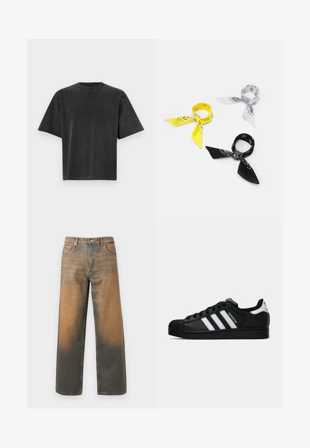 Chaqueta de cuero negro con cuello puntiagudo, cremallera frontal y dos bolsillos laterales. Textura suave y diseño minimalista sin marcas visibles.; Camiseta negra de gran tamaño y manga corta, hecha de algodón. Presenta un cuello redondo y costuras en el dobladillo; textura suave y ajuste holgado y relajado.; Jeans de pierna ancha en denim azul y marrón desgastado. Presentan una cinturilla alta, bolsillos delanteros y un cierre de botón clásico con acentos metálicos.; Zapatilla negra Adidas Superstar con rayas blancas, punta de concha y texto "Superstar" en el lateral, mostrada en perfil lateral sobre un fondo blanco.; Tres bandanas: una amarilla con patrones negros, una blanca con diseños negros y una negra con gráficos blancos. Todas son de tela ligera y de forma cuadrada.