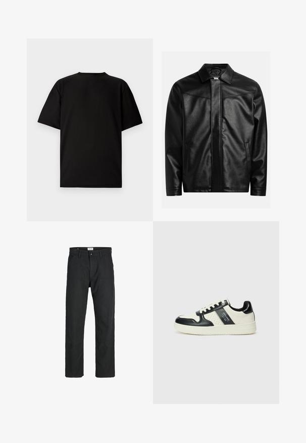 Chaqueta de cuero negro con cuello puntiagudo, cremallera frontal y dos bolsillos laterales. Textura suave y diseño minimalista sin marcas visibles.; Camiseta negra de manga corta hecha de tela acanalada. Presenta un cuello redondo y un corte relajado con una textura suave. Vista trasera únicamente.; Pantalones negros de tela duradera, con un diseño de pierna recta, detalles cosidos y dos bolsillos frontales para mayor funcionalidad.; Zapatillas de cuero con un esquema de colores negro y crema, que cuentan con acentos perforados, un collar acolchado y una suela texturizada.