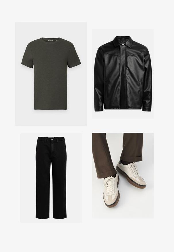 Schwarze Lederjacke mit spitzem Kragen, Frontreißverschluss und zwei seitlichen Taschen. Glatte Textur und minimalistisches Design ohne sichtbares Branding.; Dunkelgrünes T-Shirt mit kurzen Ärmeln und rundem Ausschnitt, aus geripptem Material; zeichnet sich durch ein einfaches, minimalistisches Design ohne Muster aus.; Schwarze Jeanshose mit geradem Schnitt, klassischem Fünf-Taschen-Design und einem Knopfverschluss an der Taille. Glatte Textur und strapazierfähiger Stoff.; Beige Sneakers mit einer strukturierten Wildlederfront, glatten Lederseiten und einer braunen Gummisohle. Bändel und helle Nähdetails sind enthalten.
