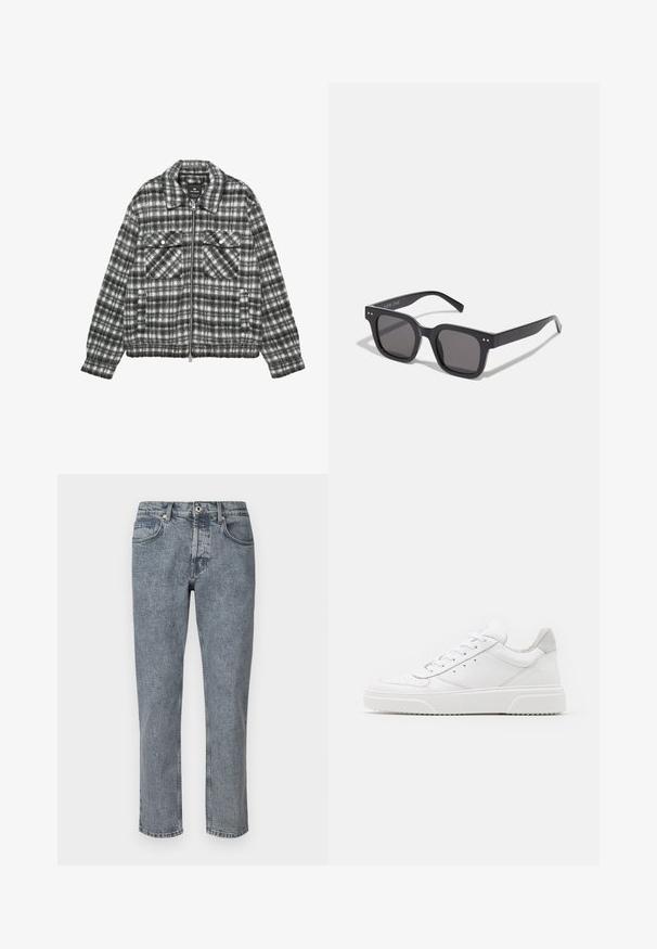 Kockás dzseki gyapjú keverék anyagból, fekete-fehér színben, cipzáras elülső résszel, két mellzsebbel és gallérral.; Fekete garbó pulóver puha kötött anyagból készült. Hosszú ujjaival, bordázott gallérral és szegéllyel rendelkezik. Egyszerű, letisztult dizájn, minták nélkül.; Világoskék farmernadrág, egyenes szabással, öt zsebbel és cipzáros záródással. Halványított textúrával és varrási díszítéssel a varratok mentén.; Fehér bőr sportcipő sima felülettel, kerek orral, lapos fűzőkkel és textúrált talppal. Szürke velúr díszítés a saroknál.; Fekete téglalap alakú napszemüveg sötét lencsékkel, vastag kerettel, finom díszítésekkel az oldalán, és a márkanevet leszámítva látható logók nélkül.; Fekete válltáska tartós szövetből, két hosszú fogantyúval, állítható pántokkal és egy elülső zsebbel. Matt felület minimális márkajelzéssel.