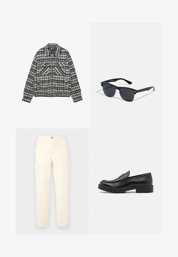 Kurtka w kratę wykonana z mieszanki wełny w kolorach czarnym i białym, z zamkiem błyskawicznym z przodu, dwoma kieszeniami na piersi oraz kołnierzem.; Czarny sweter z golfem, wykonany z miękkiego, dzianinowego materiału. Posiada długie rękawy, prążkowany kołnierz i dół. Prosty, elegancki design bez wzorów.; Jasnożółte spodnie cargo wykonane z bawełny, z bocznymi kieszeniami i prostym krojem nogawek, z zapięciem na guzik w pasie.; Czarne skórzane mokasyny z okrągłym nosałem, wsuwanym fasonem i grubą gumową podeszwą z teksturowanym uchwytem. Podwyższona pięta i subtelne detale przeszycia.; Czarne okulary przeciwsłoneczne o prostokątnym kształcie, ciemnych soczewkach, srebrnych akcentach na zausznikach oraz matowym wykończeniu oprawki.; Czarna torba na ramię wykonana z wytrzymałego materiału, z dwoma długimi uchwytami, regulowanymi paskami oraz przednią kieszenią. Teksturowana powierzchnia z minimalnym logo.