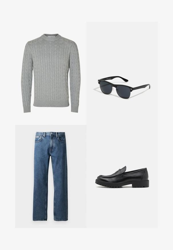 Kockás dzseki gyapjú keverék anyagból, fekete-fehér színben, cipzáras elülső résszel, két mellzsebbel és gallérral.; Szürke, kötött pulóver kerek nyakkivágással, bordázott mandzsettákkal és derékrésszel. A textúra kiemelkedő mintázattal rendelkezik az anyagon.; Kék egyenes szárú farmernadrág magas derékkal, gombos és cipzáras záródással, elülső zsebekkel és egy kis fehér márkacímkével a jobb zseben.; Fekete bőr loaferek lekerekített orral, slip-on kialakítással és vastag gumitalppal, amely texturált tapadást biztosít. Emelt sarkú és diszkrét varrási részletek.; Fekete napszemüveg, téglalap alakú, sötét lencsékkel, ezüst részletekkel a szárakon, és matt felülettel a kereten.; Fekete válltáska tartós szövetből, két hosszú fogantyúval, állítható pántokkal és egy elülső zsebbel. Matt felület minimális márkajelzéssel.