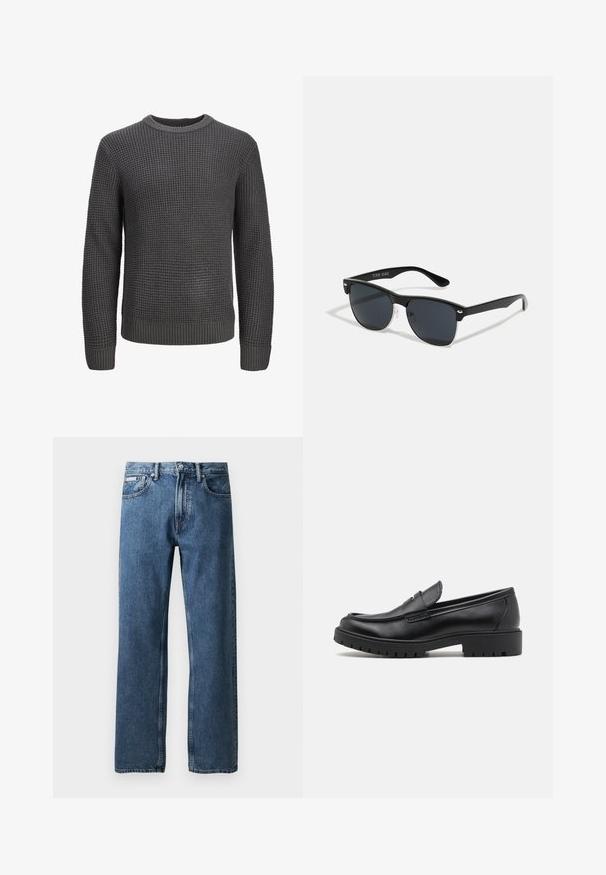 Veste à carreaux en mélange de laine noir et blanc, avec une fermeture éclair à l'avant, deux poches poitrine et un col.; Pull en maille gris avec un motif texturé, col rond, et finitions côtelées aux poignets et à l'ourlet pour une apparence ajustée.; Jean en denim bleu à jambe droite avec une taille haute, fermeture par bouton et zip, poches avant et une petite étiquette de marque blanche sur la poche droite.; Mocassins en cuir noir avec un bout arrondi, un design à enfiler et une semelle en caoutchouc épaisse avec une texture antidérapante. Talon surélevé et détails de surpiqûre subtils.; Lunettes de soleil noires de forme rectangulaire, verres foncés, accents argentés aux tempes et finition mate sur la monture.; Sac fourre-tout noir fabriqué en tissu durable, avec deux longues poignées, des sangles réglables et une poche avant. Surface texturée avec un minimum de branding.