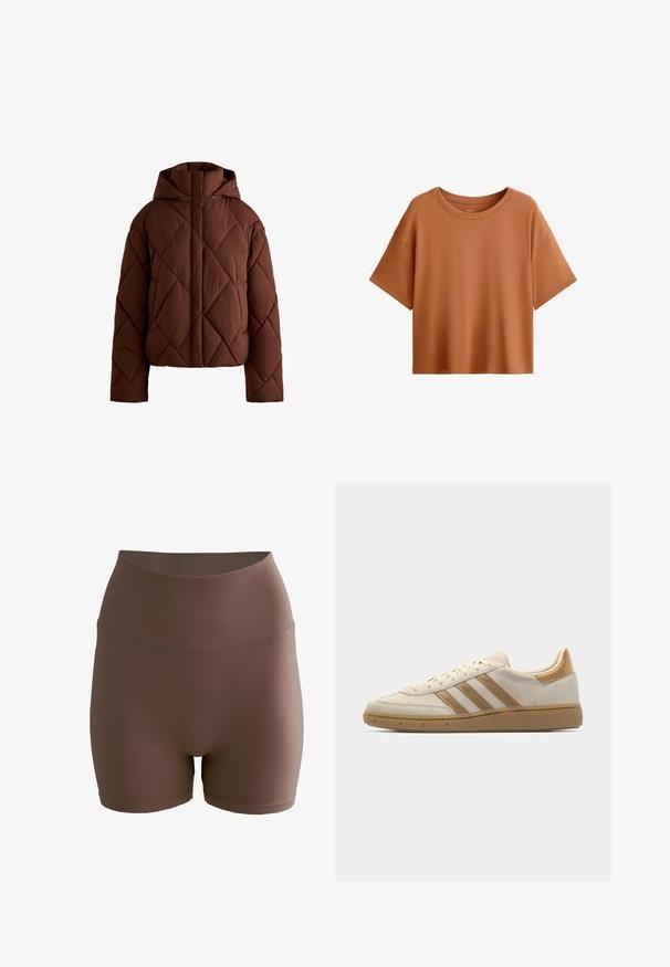 Bruine pufferjack met een capuchon. Heeft een gestikte afwerking met ruitpatronen, een hoge kraag en gecropte mouwen. Soepele textuur.; Korte mouwen, boxy t-shirt in een roestkleur. Gemaakt van gladde stof met een brede halslijn en een relaxte pasvorm, met een nette zoom.; aim’n® SHAPE SEAMLESS  - Shorts - brown; Beige suède sneakers met lichtbruine accenten. Voorzien van drie bruine stripes, een textuur rubberen zool en een afgeronde neus.