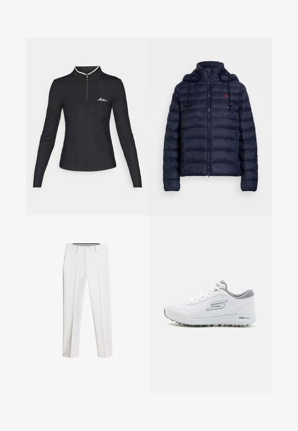 Granatowa kurtka puchowa z zapięciem na zamek, odpinanym kapturem, elastycznymi mankietami oraz czerwonym logo na lewej piersi. Posiada pikowaną fakturę oraz podszewkę w kapturze.; Czarna, długosleeve, zapinana na zamek bluzka o prążkowanej strukturze, kontrastowy biały kołnierz i małe logo na piersi. Dopasowany krój.; Białe spodnie wykonane z gładkiego materiału, charakteryzujące się prostym krojem nogawki, przednimi kieszeniami oraz zapięciem na guzik z delikatnymi fałdami.; Białe sportowe buty z teksturowanym siateczkowym wierzchem, srebrnymi akcentami i lekką podeszwą z małymi stożkami trakcyjnymi, oznaczone "ULTRA FLIGHT".