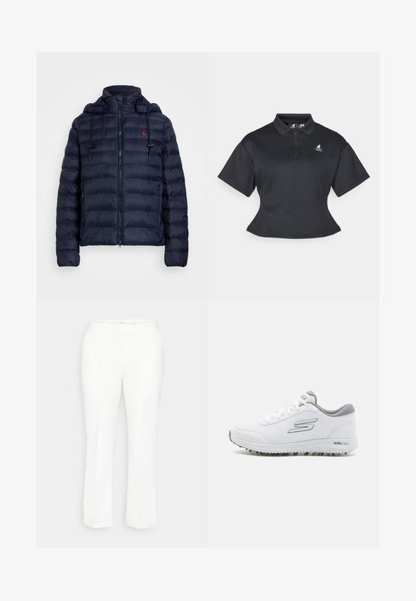 Marineblå pufferjakke med glidelås, avtagbar hette, elastiske mansjetter og rødt logo på venstre bryst. Har kviltet tekstur og foret hette.; Svart kortermet polo skjorte med halv glidelås, logo på brystet og en glatt, elastisk tekstur.; Hvite bukser med rette ben, flat midje, diskrete brettdetaljer og ingen synlige lommer. Glatt tekstur, klassisk design.; Hvite joggesko med et teksturert mesh-overdel, sølvfargede detaljer og en lett såle med små grep-studser, merket "ULTRA FLIGHT."